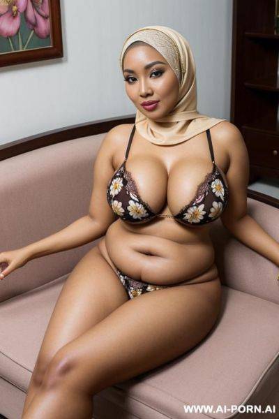 Hijab malaysian milf have brown skin with big natural breast and butt wearing flower pattern bra and underwear laying on classic grandma style couch that also have flower pattern ready for having sex - ai-porn.ai - Malaysia on pornintellect.com