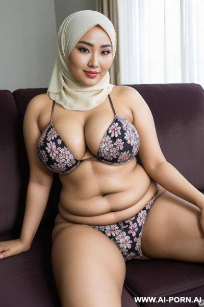 Hijab malaysian mom have darker skin with big natural breast and butt wearing flower pattern bra and underwear laying on classic grandma style couch that also have flower pattern ready for having sex - ai-porn.ai - Malaysia on pornintellect.com