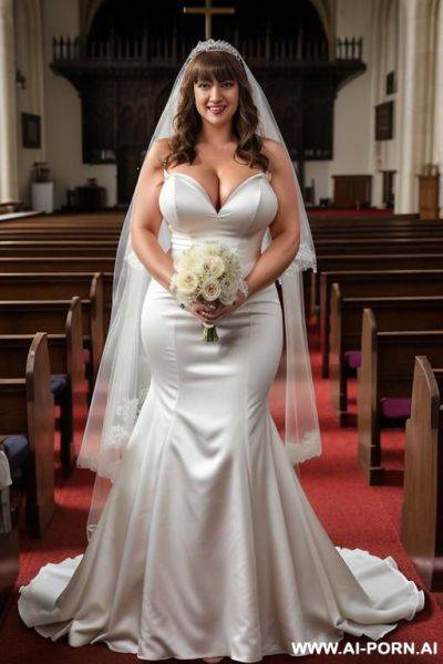 Full body shot of a tall, caucasian, supermodel, ((massive breasts)), ((thick arm muscles)), standing in a church, bangs, wearing a wedding dress and veil showing cleavage - ai-porn.ai on pornintellect.com