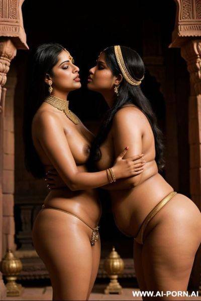 Two medieval indian chubby full naked female temple servants kissing in front of an indian prince - ai-porn.ai - India on pornintellect.com