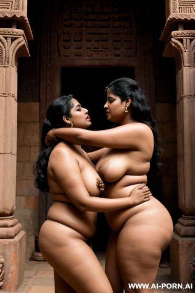 Two medieval indian chubby full naked female temple servants kissing in front of a court - ai-porn.ai - India on pornintellect.com