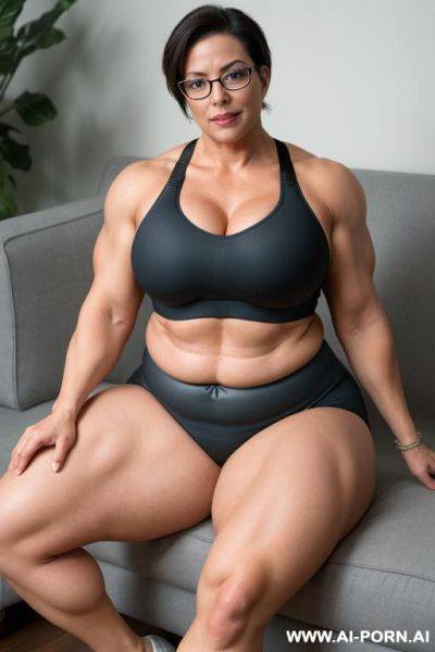 Beautiful mature woman, (thick rimmed glasses) (sports bra), massive thighs, gigantic thighs, obese thighs, muscled bulked up thighs, huge thighs, thick thighs, fat thighs, strong thighs - ai-porn.ai on pornintellect.com
