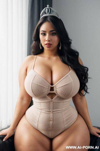 Woolly dress, tiara, stretching, extremely pretty, full lips, button nose, eye contact, ahegao, flowing hair, hoop earrings, tight waist, massive thighs, gigantic thighs, obese thighs, muscled bulked - ai-porn.ai on pornintellect.com