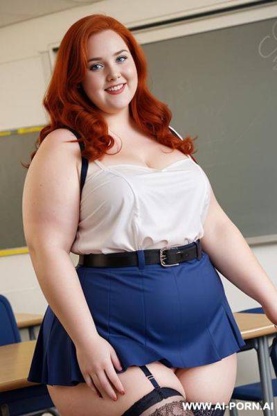 Half body photo shot close up, about at classroom, chubby ((obese but so hot)) redhead fat bbw curvy teacher, wearing a sexy and hot micro colorfull ruffle skirt, and stocking lingeries, sports top. teaching to the classroom. ((dynamic angle)) - ai-porn.ai on pornintellect.com