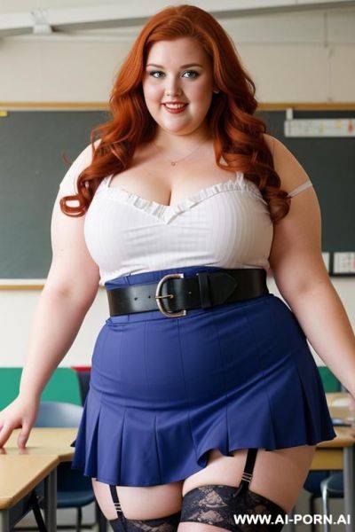 Half body photo shot close up, about at classroom, chubby ((very obese but hot)) redhead fat bbw curvy teacher, wearing a sexy and hot micro colorfull ruffle skirt, and stocking lingeries, sports top. teaching to the classroom. ((dynamic angle)) - ai-porn.ai on pornintellect.com