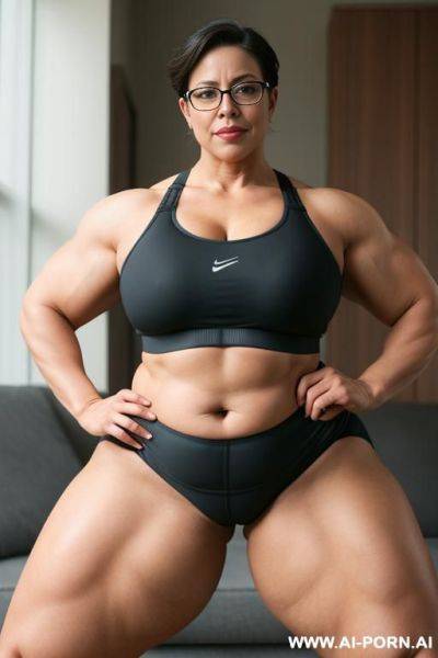 Beautiful mature woman, (thick rimmed glasses) (sports bra), massive thighs, gigantic thighs, obese thighs, muscled bulked up thighs, huge thighs, thick thighs, fat thighs, strong thighs - ai-porn.ai on pornintellect.com