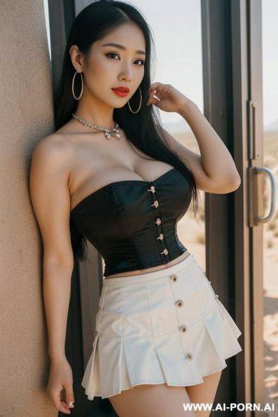 Desert, white skirt, extremely pretty, full lips, button nose, eye contact, stretching, ahegao, flowing hair, hoop earrings, round boobs, tight waist - ai-porn.ai on pornintellect.com