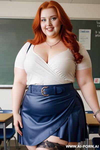 Half body photo shot close up, about at classroom, chubby ((very obese but hot)) redhead fat bbw curvy teacher, wearing a sexy and hot micro colorfull ruffle skirt, and stocking lingeries, sports top. teaching to the classroom. ((dynamic angle)) - ai-porn.ai on pornintellect.com