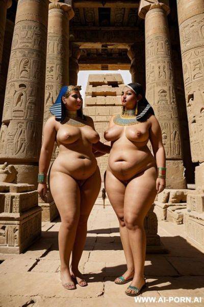 Two ancient egyptian chubby rich females in a colourful ancient egyptian temple with one devote full naked egyptian chubby female servant with shaved vagina - ai-porn.ai - Egypt on pornintellect.com