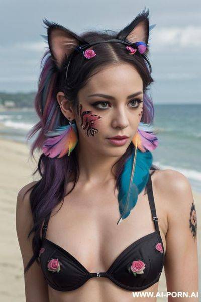 Face, sexy, beautiful, ((face painting)), ((bikini as seashell)), ((tattoo roses)), ((eyes shw)), ((angel wings)), ((rainbow hair)), ((sexy expression)), ((long bu hair)), ((wind)), (( cat face)), (( cat - ai-porn.ai on pornintellect.com