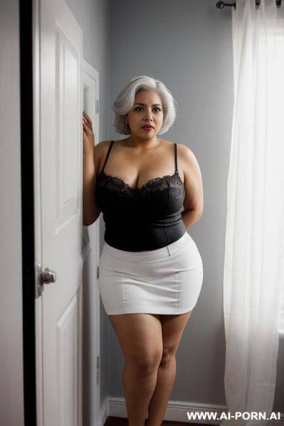 Extremely short latina woman, standing in a bedroom with grey walls - ai-porn.ai on pornintellect.com