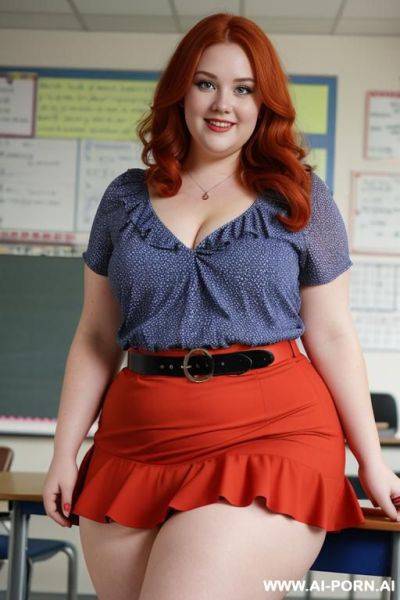 Close up half body photo shot, about at classroom, chubby very obese redhead fat bbw curvy teacher, wearing a sexy and hot micro red ruffle skirt, and elegant top, teaching to the classroom. - ai-porn.ai on pornintellect.com