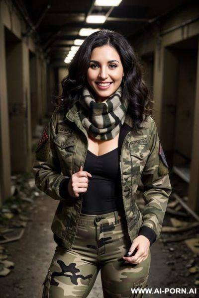 (dark abandoned underground laboratory); (d-cup); (camo army jacket); (tight utility pants); (scarf) - ai-porn.ai on pornintellect.com