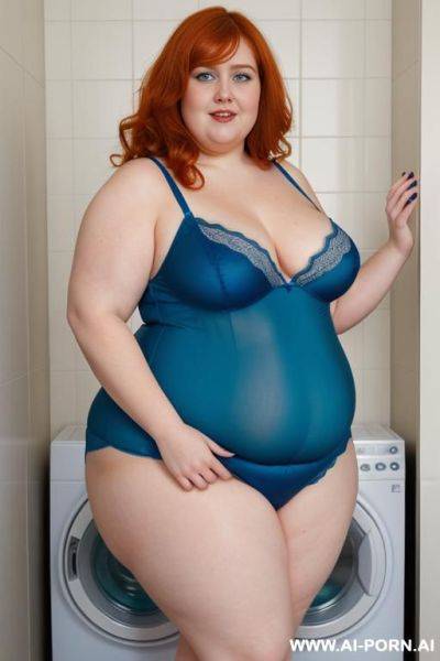 Half-length photo, ((half body photo shot)). as a set in the laundry area, a (((very obese))) fat chubby fat thick and bbw redhead british, ((she is washing clothes)). she has lovehandless. she - ai-porn.ai - Britain on pornintellect.com