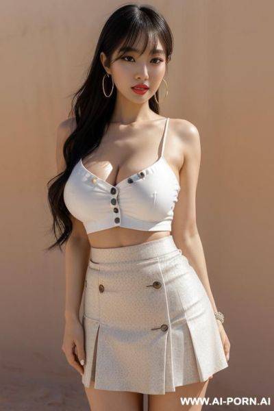 Desert, white skirt, extremely pretty, full lips, button nose, eye contact, stretching, ahegao, flowing hair, hoop earrings, round boobs, tight waist - ai-porn.ai on pornintellect.com