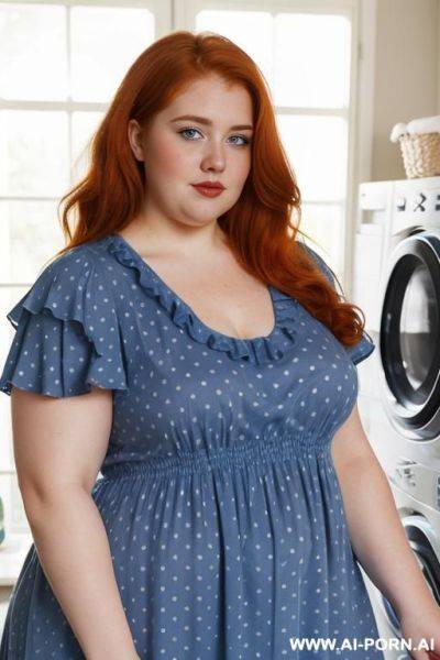 Half-length photo, ((half body photo shot close up)). as a set in the laundry area, a (((very obese))) fat chubby fat thick and bbw redhead british, ((she is washing clothes)). she has - ai-porn.ai - Britain on pornintellect.com