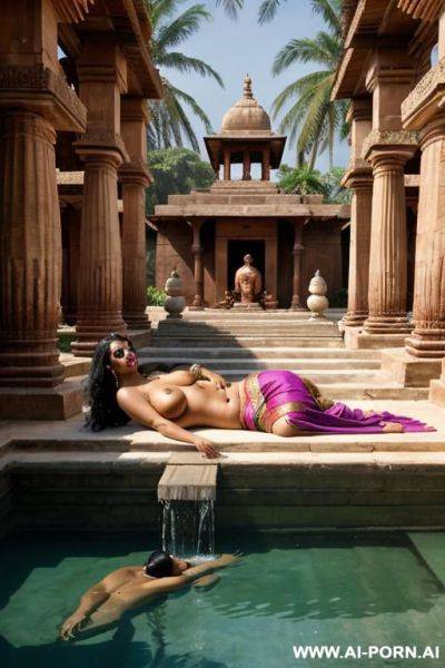 One ancient indian chubby full naked female temple servant with shaved vagina and her mistress in a traditional sari are reclining on a water bassin under palms - ai-porn.ai - India on pornintellect.com