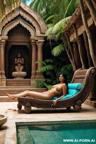 One ancient indian chubby full naked female temple servant with shaved vagina is reclining on a water bassin under palms - ai-porn.ai - India on pornintellect.com