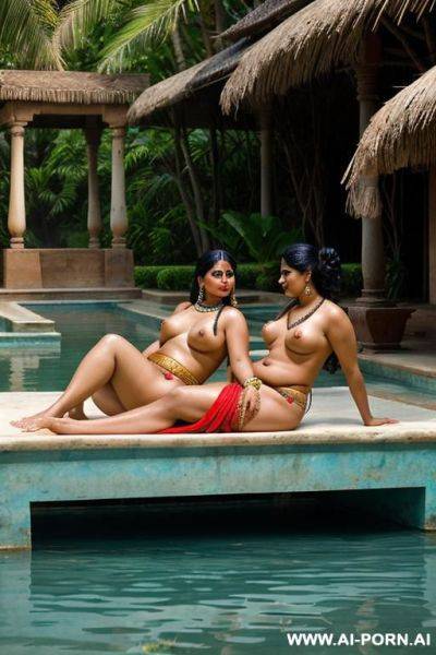One ancient indian chubby total naked female servant with shaved vagina and her mistress in a traditional sari are reclining on a water bassin under palms - ai-porn.ai - India on pornintellect.com