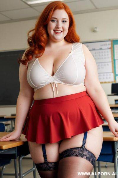 Half body photo shot close up, about at classroom, chubby ((very obese)) redhead fat bbw curvy teacher, wearing a sexy and hot micro red ruffle skirt, and stocking lingeries, simple top. teaching to the classroom. ((dynamic angle)), long hair - ai-porn.ai on pornintellect.com