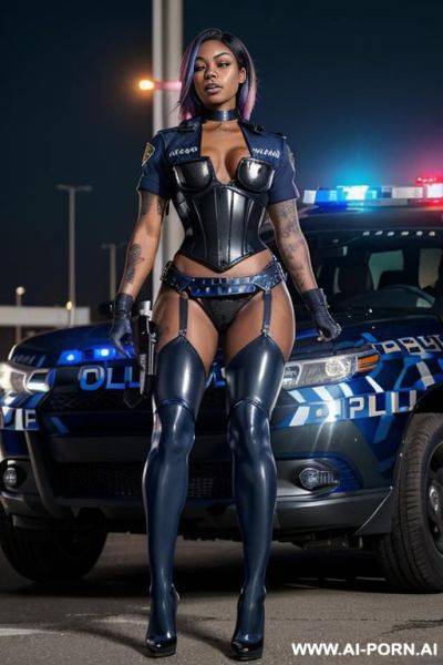 A naked dark-skinned muscular woman with short white hair, sprayed with white liquid in a collar, lies in tears with a lost look in full growth, being watched, black lipstick, toples, the inscription on the face whore, view tits and pussy - ai-porn.ai on pornintellect.com