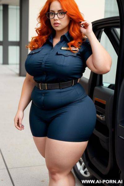 Security guard with huge thighs, thick thighs, orange hair, blue eyes, wavy hair, hyper thighs, extremely beautiful, muscled bulked up thighs, fat thighs, obese thighs, glasses - ai-porn.ai on pornintellect.com