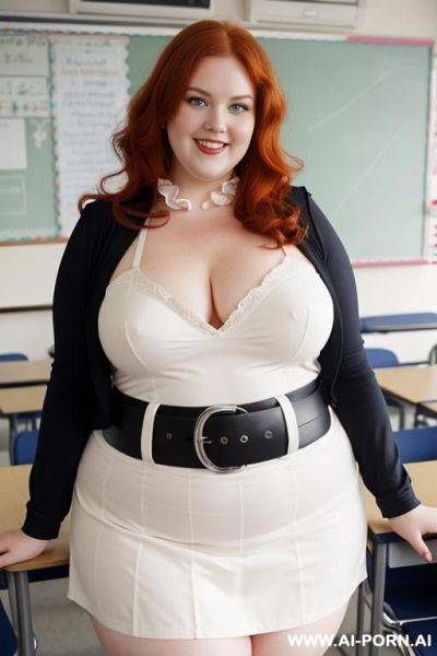 Close up half body photo shot, about at classroom, chubby very obese redhead fat bbw curvy teacher, wearing a sexy and hot micro red ruffle skirt, and elegant top, teaching to the classroom. - ai-porn.ai on pornintellect.com
