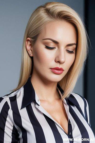 ((gorgeous face)), pencil skirt, (((striped business shirt))), closed eyes, pouting lips - ai-porn.ai on pornintellect.com