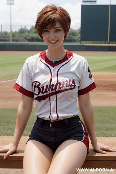 Humongous breasts, baseball jersey, no pants, see through panties, smile, baseball field, sitting on bench, (open shirt) (open legs) - ai-porn.ai on pornintellect.com