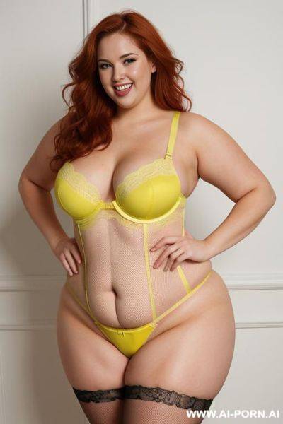 Half body photo shot, about at classroom, so fat bbw curvy with love handless and tummy, wearing a sexy and ((hot yellow fishnet lingeries)), she has a surprise party class, (very obese woman), she is very happy and jumping - ai-porn.ai on pornintellect.com
