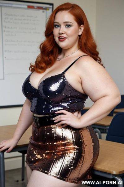 Half body photo shot close up, about at classroom, chubby (((very obese))) redhead fat bbw curvy teacher, wearing a sexy and hot micro colorfull ((sequins skirt and top)), and stocking lingerie. teaching to the classroom. ((dynamic angle)) - ai-porn.ai on pornintellect.com