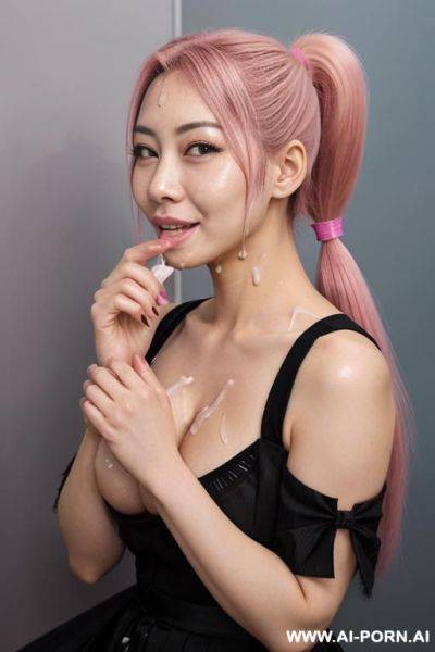 Pink tails, asian, 1, her thumb in her mouth, covered in cum, nude - ai-porn.ai on pornintellect.com