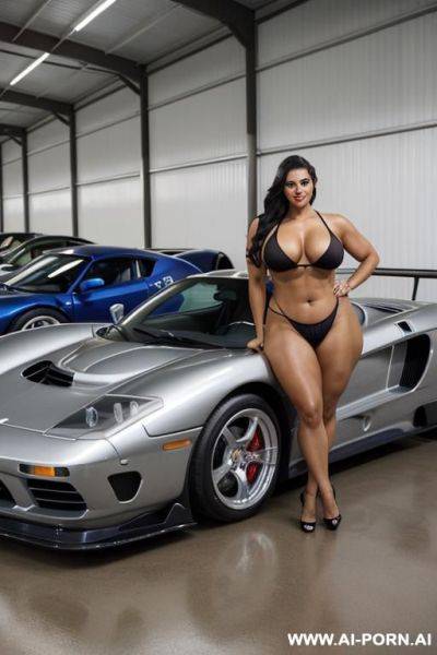 Voluptuous latina. (gigantic ass), naked, with slip, high cheekbones, narrow chin, strong body, thick thighs, massive gluts, dominant pose, muscular arms, eye contact, (proud extra smile), heavy tall body, hand at hips, walking - ai-porn.ai on pornintellect.com