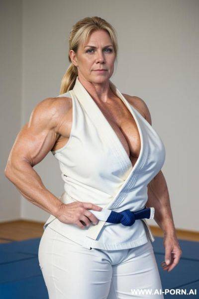 Bigger arms, photo of a strong woman, nude, curvy, whole body, mature cougar, grandmother, gilf, ponytail, blonde, very hairy pussy, dense blonde pubic hair, stronger arms, stronger shoulders, wide - ai-porn.ai on pornintellect.com