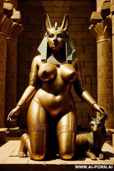 Ancient egyptian helpless chubby female temple servant with shaved vagina and spreaded legs is tied to a big anubis statue. - ai-porn.ai - Egypt on pornintellect.com