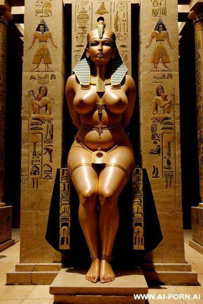 Ancient egyptian helpless chubby female victim with shaved vagina is tied to a big statue of the pharao. her legs are widely spread by the ropes. a male ancient egyptian priest strips her until she is full naked and screens her for use in the harem - ai-porn.ai - Egypt on pornintellect.com
