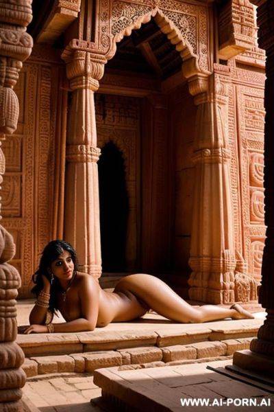 A devote chubby medieval indian full naked female temple servant with shaved vagina is lying on the shrine of a medieval indian temple - ai-porn.ai - India on pornintellect.com