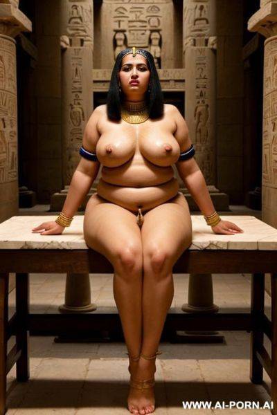 An ancient egyptian chubby naked female temple servant with shaved vagina is tied with wide spreaded legs onto a table in the temple, to be punished - ai-porn.ai - Egypt on pornintellect.com