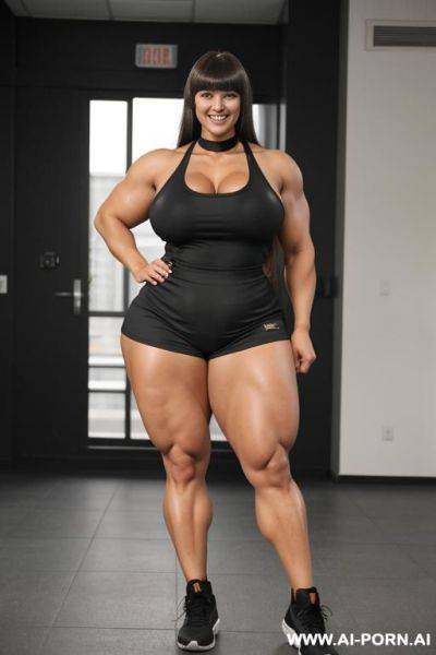 Tall, 20 year old, bodybuilder, smiling, massive thighs ((thick leg muscles)) long hair with bangs, standing, legs spread, wearing a sleeveless shirt, ((fully clothed)), choker, huge thighs, obese thighs - ai-porn.ai on pornintellect.com