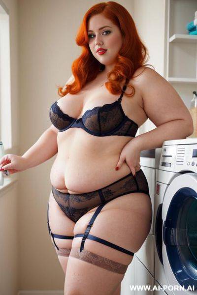 Half-length photo, ((half body photo shot close up)). as a set in the laundry area, a (((very obese))) fat chubby fat thick and bbw redhead british, ((she is washing clothes)). she has - ai-porn.ai - Britain on pornintellect.com