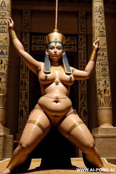 Ancient egyptian helpless chubby female victim with shaved vagina is tied to a big statue of the pharao. her legs are widely spread by the ropes. a male ancient egyptian priest strips her until she is full naked and screens her for use in the harem - ai-porn.ai - Egypt on pornintellect.com