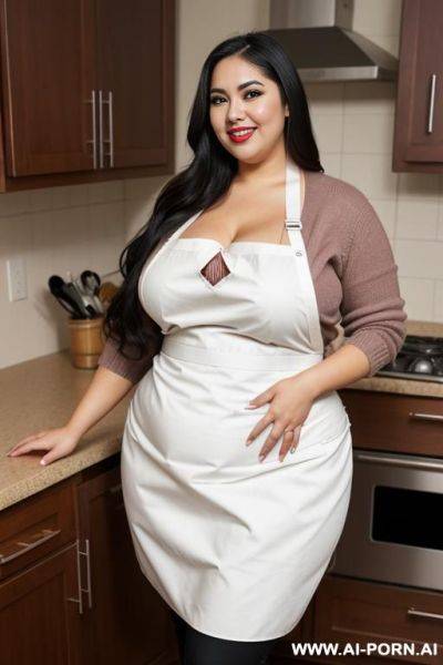 Latina, mexicana, wide hips, perfect face, heavy makeup, eyeliner, inside kitchen, extra thicc, very plump, hypnotized, wearing apron, long hair - ai-porn.ai on pornintellect.com