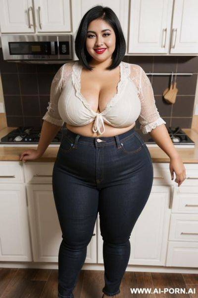 Latina, mexicana, high rise jeans, wide hips, perfect face, eyeliner, inside kitchen, extra thicc, very plump, hypnotized, hsur parted to side in bun - ai-porn.ai on pornintellect.com