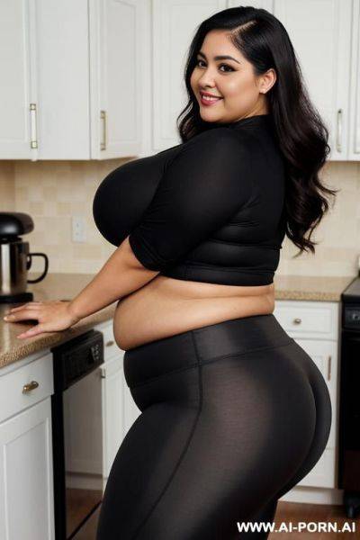 Latina, mexicana, wide hips, perfect face, eyeliner, inside kitchen, extra thicc, very plump, hypnotized, hsur parted to side in bun, pushing vacuum - ai-porn.ai on pornintellect.com