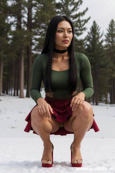 Trembling with anticipation, laid in the snow, showing off her (pleated skirt) and her new cork platform heels, legs focus closeup, long legs - ai-porn.ai on pornintellect.com