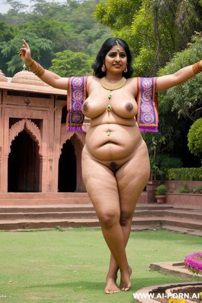Ancient indian chubby full naked female with shaved vagina is dancing in a colourful indian garden - ai-porn.ai - India on pornintellect.com