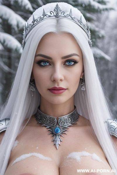 Hot busty woman, (strong dark eyelines), (medieval armor), (ice sword), earrings, tiara, necklace, snowy forest background - ai-porn.ai on pornintellect.com