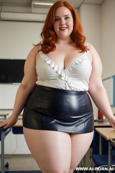 Close up full body photo shot, about at classroom, chubby very ((very obese)) redhead fat bbw curvy teacher, wearing a sexy and hot micro ruffle leather skirt, and elegant top, teaching to the classroom. ((dynamic angle)), perfect face - ai-porn.ai on pornintellect.com