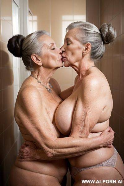 2 sexy granny with buns kissing in bathroom - ai-porn.ai on pornintellect.com