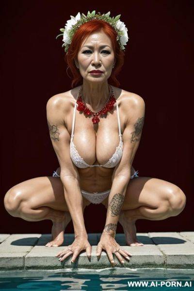 Totally naked. flower crown.in a field. red flower.matured old milf, wrinkles, wrinkled skin, aging marks, extremely tanned skin, ((long saggy old boobs)), animal print hooker bikini, necklace, elries, perfect eyes, waist shot, swimming pool. - ai-porn.ai on pornintellect.com